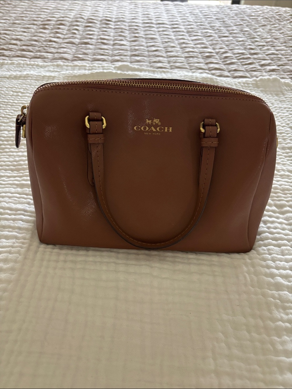 COACH Tan/Brown Leather Dome Satchel with Gold Hardware